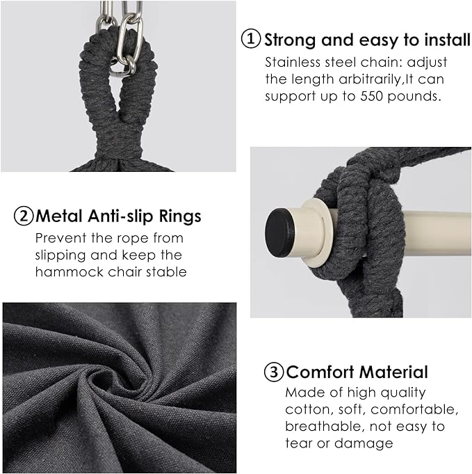 Y- STOP Hammock Chair Hanging Rope Swing Chair, Max 500 Lbs, 2 Seat Cushions Included, Removable Steel Spreader Bar with Anti-Slip Rings, Hardware kit-for Indoor Outdoor(Dark Grey) pcs Y-STOP