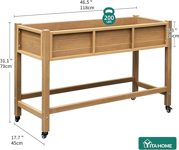 YITAHOME Raised Garden Bed HDPE, 47x18x31In Poly-Wood Weather-Resistant Raised Flower Bed, Elevated Planter Box with Lockable Wheels for Vegetables, Brown YITAHOME