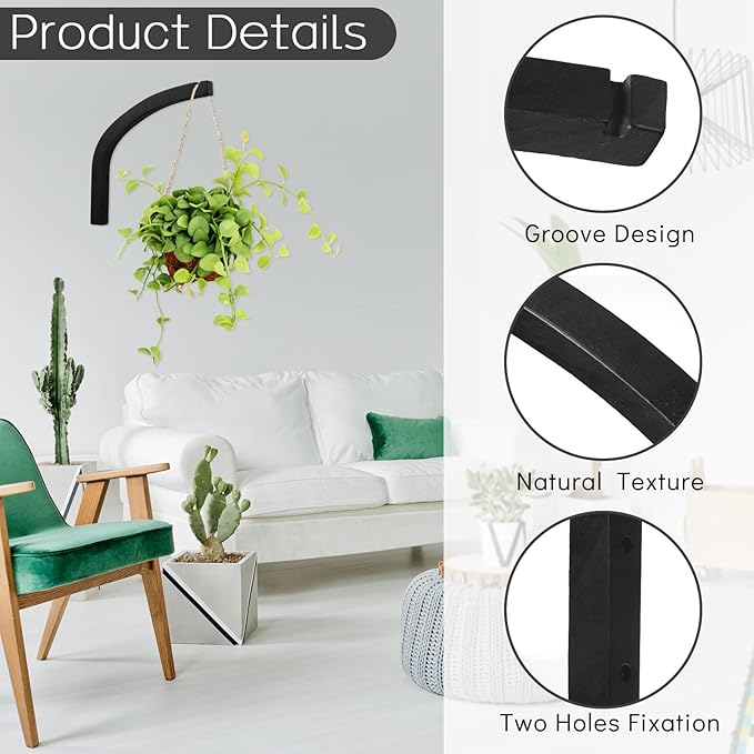 Juexica 4 Pcs Plant Hanger Wooden, 8 Inch Hanging Plant Hooks for Indoors and Outdoor, Wall Mounted Hanging Hook Brackets for Planters Lanterns Wind Chimes and Bird Feeders Patio Decor(Black) Juexica