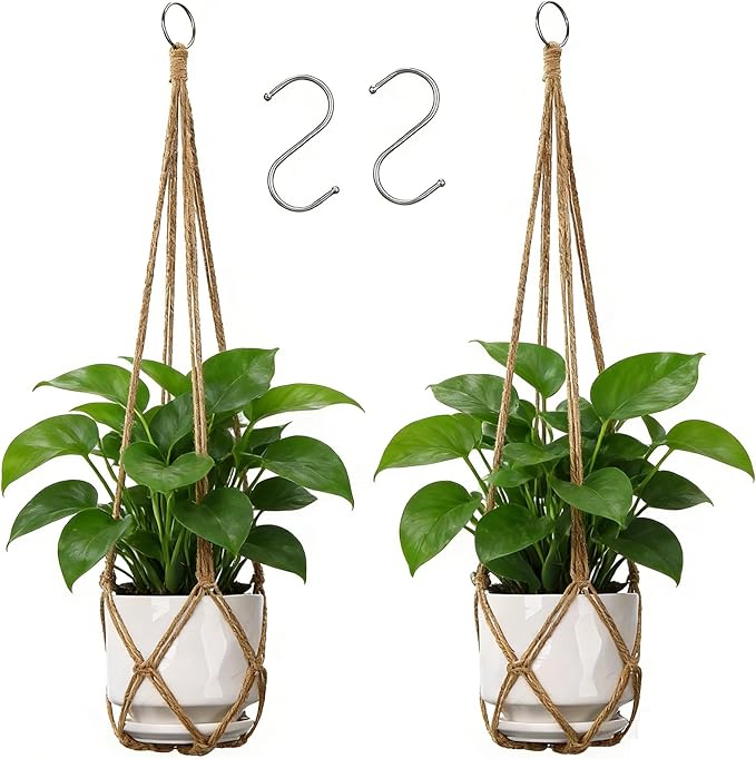 YIBOT Macrame Plant Hanger Indoor Set of 2 with 2 S Hooks, Indoor Outdoor Hanging Planter for Plants Holder with Decorative No Tassels, Boho Home Decor, 35 Inch, Brown (Pots Not Included) YIBOT