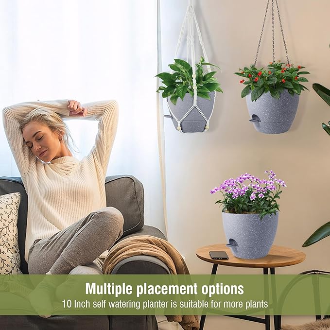 Self Watering Hanging Planters 10 inch, 2 Pack Hanging Flower Pots for Indoor Outdoor Plants, Hanging Baskets with Drainage Holes & 2 Kinds of Plant Hangers for Garden Decor, Speckled Grey Meowell