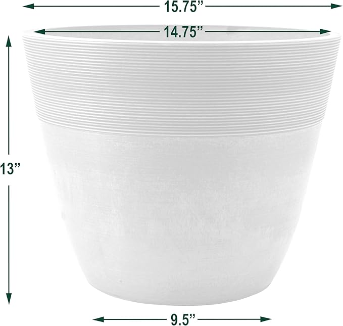 PSW Pot Collection 16-inch Plastic/Stone/Wood Composite Large Ribbed Planter – No Drainage Hole (Drillable), Indoor/Outer Garden Pot for Foliage, Trees, Flowers, Ferns, Cement Gray PSW