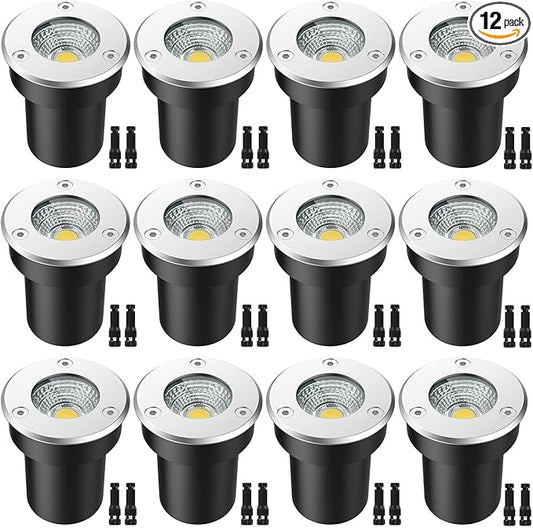 LED Landscape Lights, 12 Pack 7W Ground Lights With 24 Connectors, Low Voltage In-Ground Well Pathway Lighting, Warm White, Waterproof for Driveway, Deck, Step, Garden Rootora