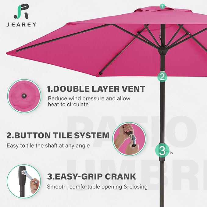 JEAREY 7.5FT Patio Umbrella Market Table Umbrella with 6 Sturdy Ribs, Push Button Tilt/Crank Outdoor Umbrella for Garden, Deck, Backyard, Pool and Beach,Rose Pink JEAREYOutdoorsCollection