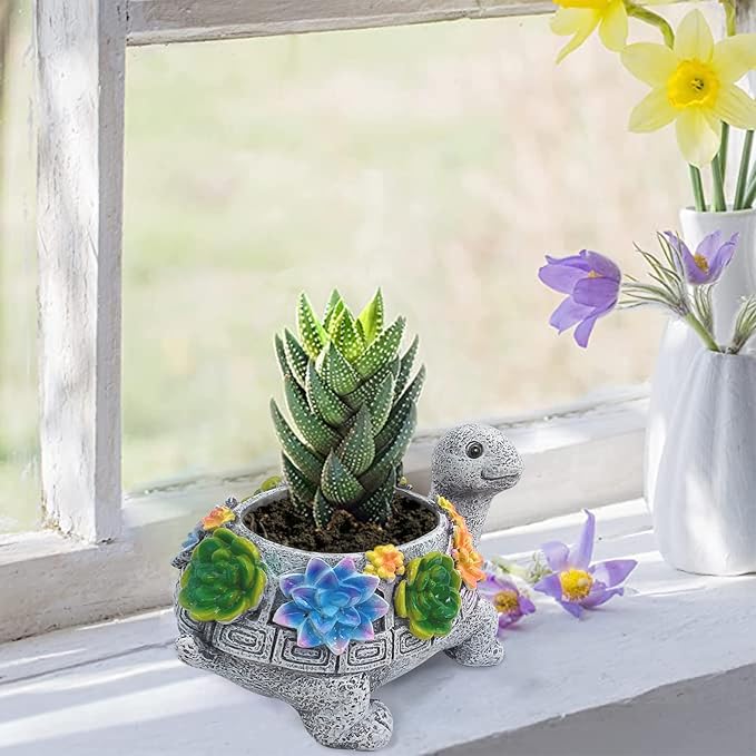 2pcs Small Turtle Planter Window Decor - Resin Succulent Plant Pot with Drainage Hole, Cute Planters for Indoor Plants, Unique Flower Pot Office/Home/Desktop Decoration, Ideal Gifts for Women ASDFG