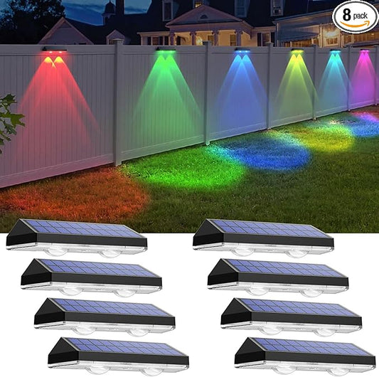Solar Fence Lights Outdoor - Warm White & RGB 6 Color, Dusk to Dawn Solar Deck Light, Solar Lights Outdoor IP65 Waterproof, Garden Lights for Outside/Backyard/Railing/Step/Patio/Wall (8 Pack) LIANGLOME