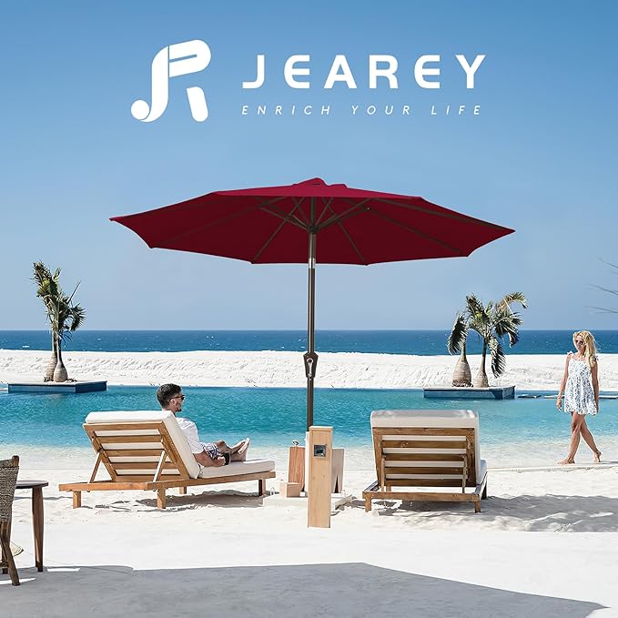 JEAREY 9FT Outdoor Patio Umbrella Outdoor Table Umbrella with Push Button Tilt and Crank, Market Umbrella 8 Sturdy Ribs UV Protection Waterproof for Garden, Deck, Backyard, Pool (Brick Red) JEAREYOutdoorsCollection