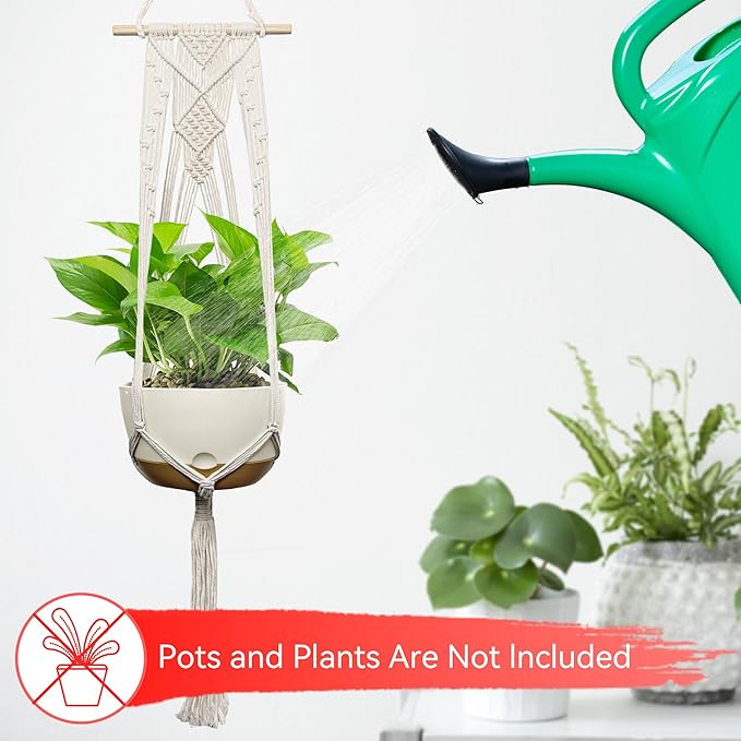 USLAI Macrame Plant Hanger Indoor Outdoor, Fits 4 to 12 Inch Pots, Hanging Planter Holder with Dowel Rod and Tassels, Boho Home Decor, 47+47 Inch, Ivory (POTS NOT Included) USLAI
