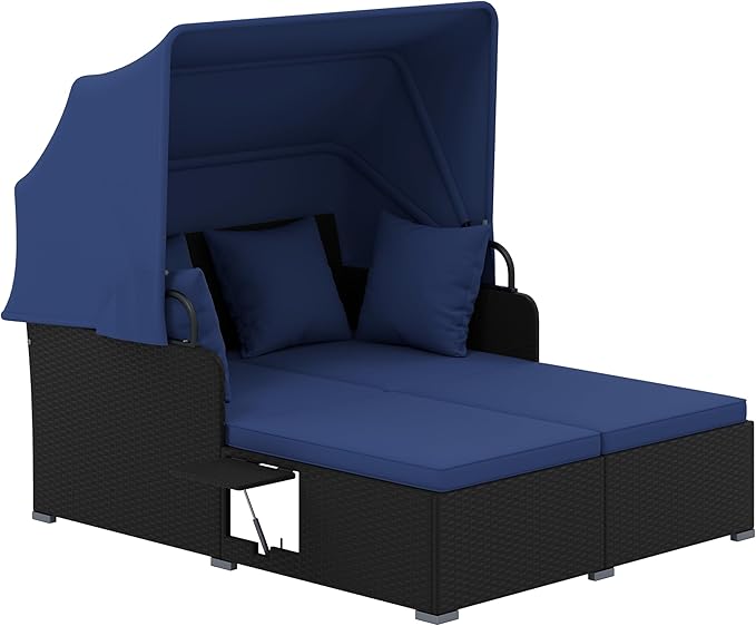 Tangkula Patio Rattan Daybed with Retractable Canopy, Outdoor Wicker Sunbed Lounger with 2 Foldable Side Tables, Thick Seat & Back Cushions, Outside Double Daybed for Garden, Backyard, Porch, Navy TANGKULA
