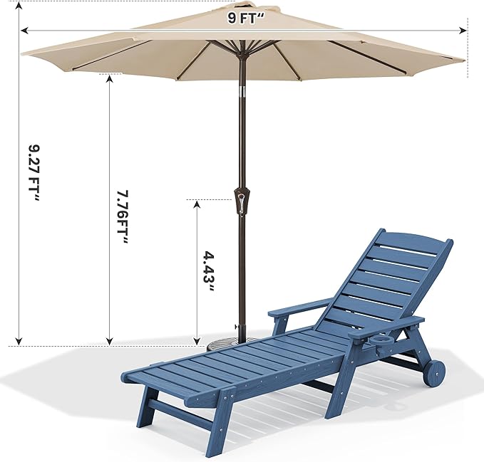 SERWALL Patio Chaise Lounge Chair Set of 2 with 9FT Patio Umbrella, 78'' HDPE Outdoor Lounger, Poly Lounge Chair with Rolling Wheels & Cup Holder for Pool,Blue (Umbreall Base not Included) SERWALL