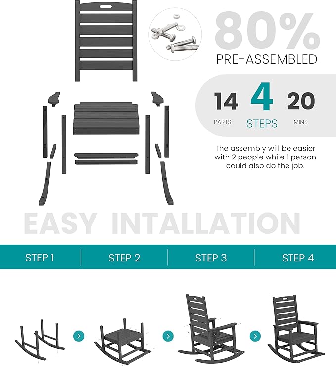 SERWALL Outdoor Rocking Chair, Oversized Rocking Chair with Footrest for Adults, HDPE All Weather Resistant Rocking Chairs for Patio, 350lbs Weight Capacity, Gray SERWALL