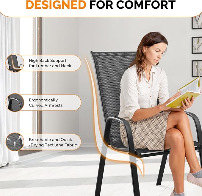 VINGLI Patio Chairs Set of 6 – Stackable Outdoor Dining Chairs with Comfortable Sling High Back Chairs and Armrests for Lawn, Poolside, Courtyard, Balcony, Garden, Black VINGLI