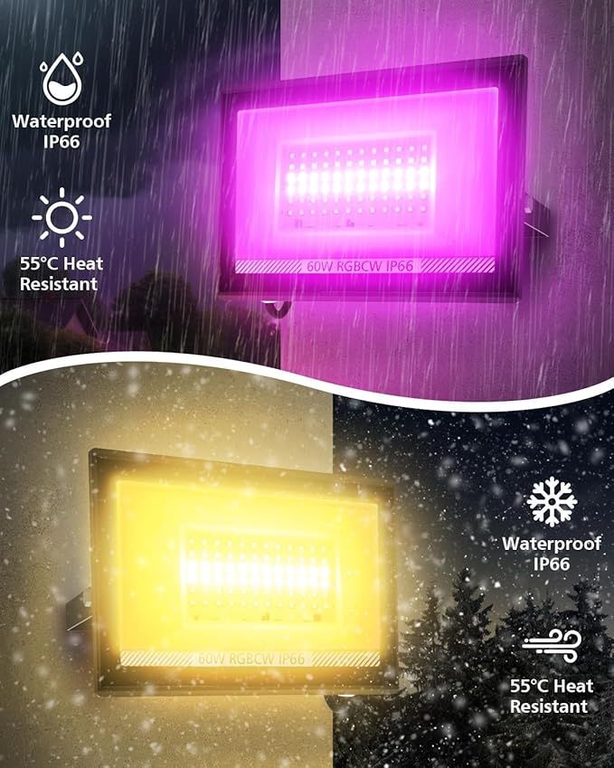 T-SUN Christmas Led Flood Light 60W, Outdoor Waterproof Color Changing Uplight for Stage Landscape Party, RGBW Dimmable Smart Floodlights 16 Million Colors&Timing& Music Sync, US Plug (4 Pack) T-SUN