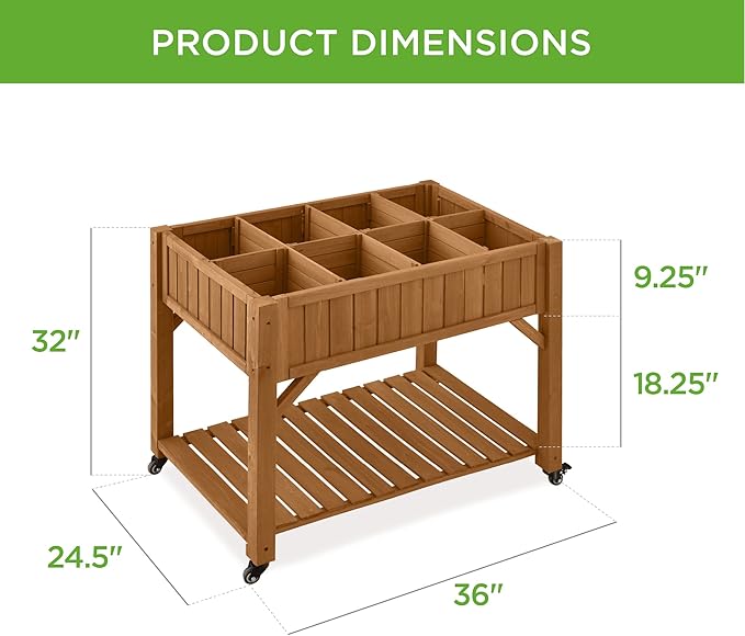 Best Choice Products Elevated 8 Pocket Herb Garden Bed, Mobile Raised Customizable Wood Planter for Herbs, Vegetables, Flowers w/Lockable Wheels, Storage Shelf, Drainage Holes - Acorn Brown BestChoiceProducts