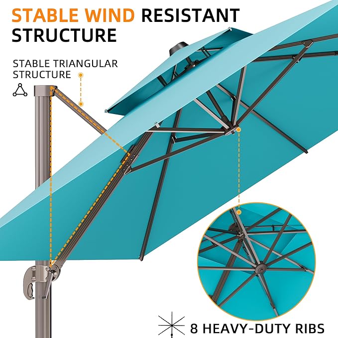 10' X 13' Outdoor Patio Umbrella Large Rectangle Cantilever Umbrella Heavy Duty 360°Rotation Offset Umbrella for Garden Deck Pool Patio,Turquoise ORYNTREX