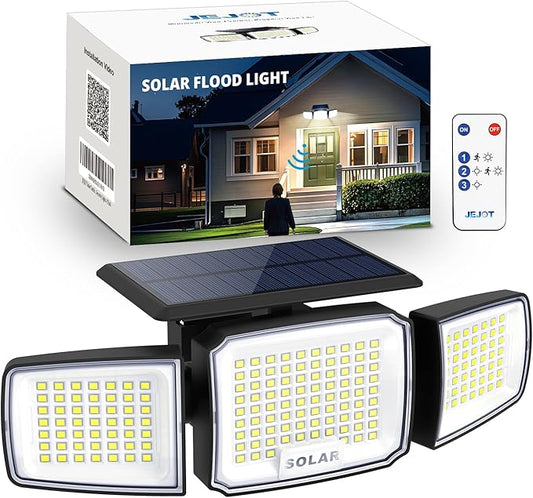 Solar Security Light Outdoor Super Bright LED, Motion Sensor Flood Light, 3 Heads 270° Wide Angle,Remote Control, IP65 Waterproof, 3 Modes (1 Pack) JEJOT