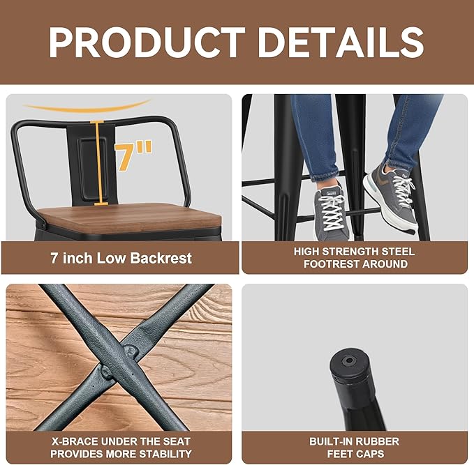 Yongchuang 24" Metal Barstools Set of 2 Counter Bar Stools with Wood Top Low Back Matte Black YongchuangInternational