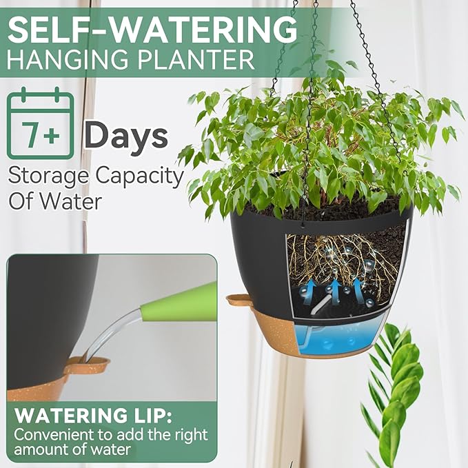 ZMTECH 12 Inch Hanging Planters for Indoor Outdoor Plants, 1 Pack Self Watering Hanging Plant Pots with Drainage Holes and Removable Saucer, Plastic Flower Hanging Pots with Watering Lip (Black) HighQualityGardeningTools