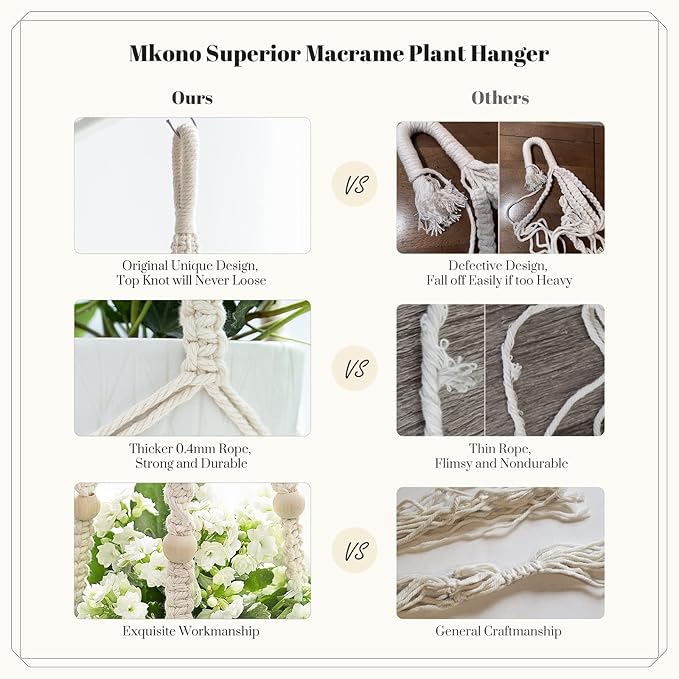 Mkono Macrame Plant Hanger Indoor Hanging Planter Basket with Wood Beads Decorative Flower Pot Holder No Tassels for Indoor Outdoor Boho Home Decor 35 Inch, Ivory, Set of 1 (POTS NOT Included) Mkono