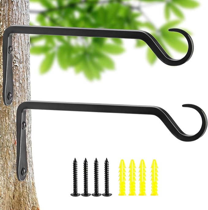 10 inch Plant Hanger, Sturdy Hanging Plant Bracket Outdoor, Hanging Plant Wall Hook Heavy Duty, for Hanging Bird Feeders, Planters, Lanterns, Wind Chimes, Indoor/Outdoor Use, Black, Set of 2 YELOKIE