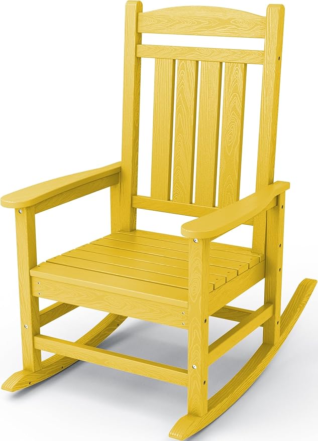KINGYES HDPE Rocking Chairs Outdoor, Patio Rocking Chairs with 330lbs Support, Smooth Porch Rocker for Deck Lawn Yard, Yellow KINGYES