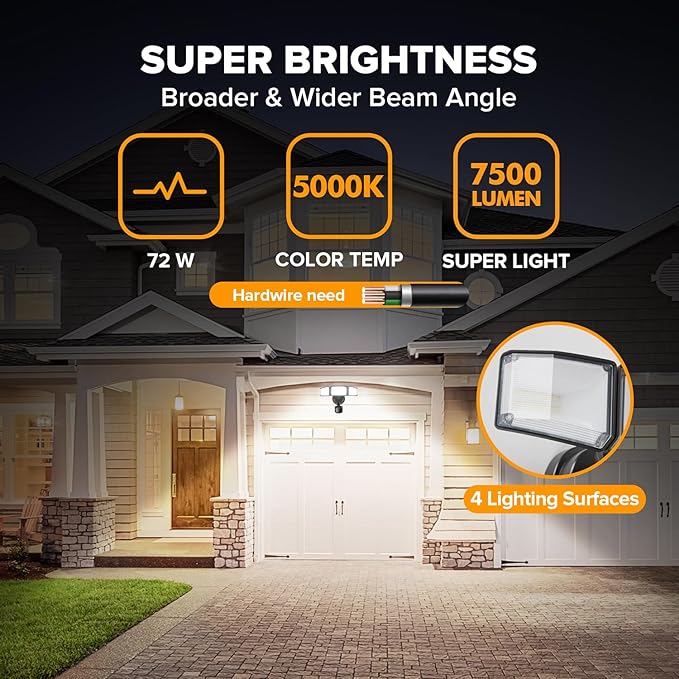 LUTEC 2 Pack 72W 7500LM LED Security Lights Motion Sensor Light Outdoor, 5000K Daylight, IP65 Waterproof, Dusk to Dawn, 3-Head Motion Detected Flood Light for Garage, Yard, Porch(Black) LUTEC