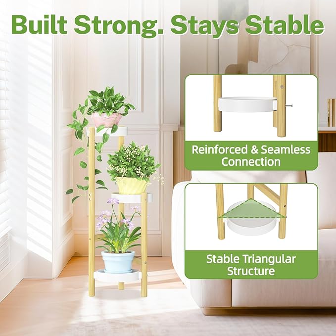 iDavosic.ly 3 Tier Bamboo Plant Stand Indoor Outdoor with Plastic Tray, Tiered Corner Flower Holder Shelf, Space Saving Orchid Display Rack for Patio Porch Living Room Garden Balcony, Natural White iDavosicly