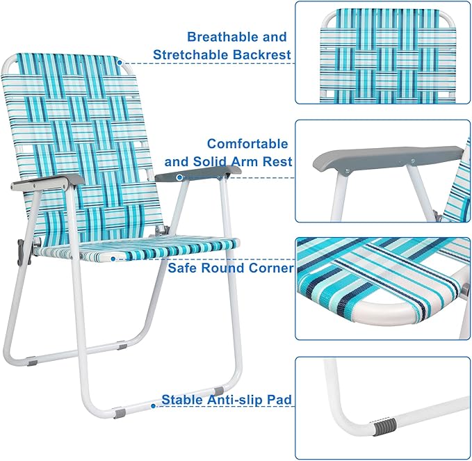 VINGLI Patio Lawn Webbed Folding Chairs Set of 2, Outdoor Beach Chair Portable Dining Chair for Outdoor Yard, Garden (White & Blue, Classic) VINGLI