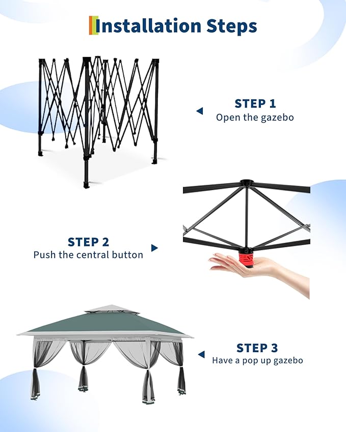 Canopy Tent 13x13 ft, Pop Up Gazebo One-Push Setup with 4 SandBags for Backyard Parties and BBQs, Mosquito Netting & Height Adjustable - Green GarveeLife
