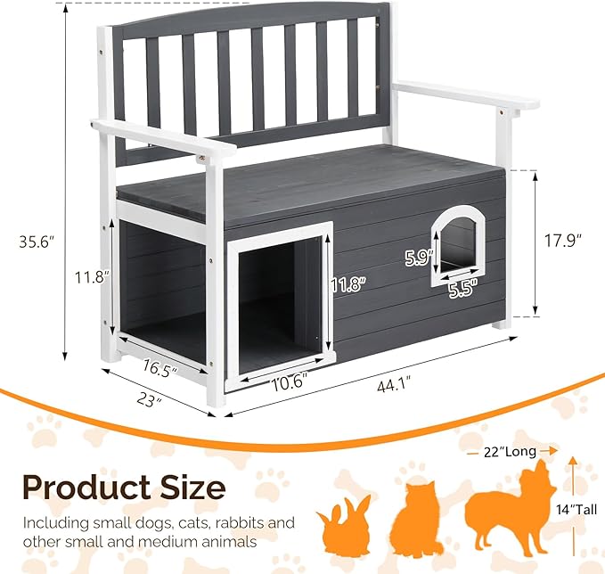 VINGLI Outdoor Storage Bench with Built-in Dog House, 2-in-1 Outdoor Waterproof Patio Bench with Pet Kennel for Patio Backyard Porch (Gray) VINGLI