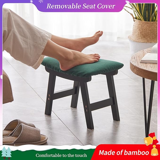 Foot Stool,Ottoman,Bamboo Small Sofa Foot Rest Under Desk,Extra Seating for Living Room, Bedroom and Kitchen (Black Stool Legs - Green Surface) Kitsanery