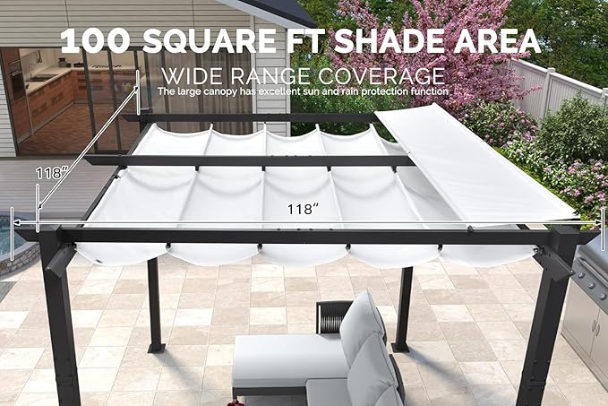 PURPLE LEAF 10' x 10' Outdoor Retractable Pergola with Double Sun Shade Canopy Patio Aluminum Pergola Metal Shelter with Light for Backyard Deck Garden, White Rootora