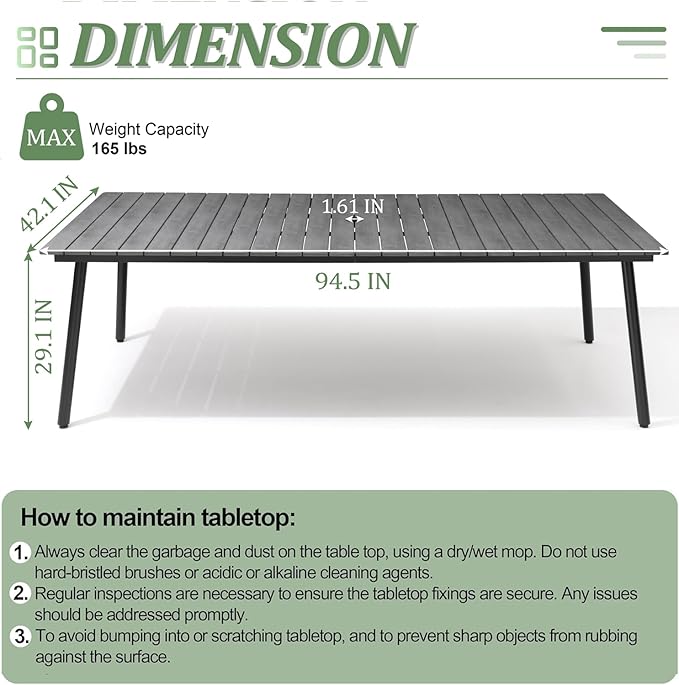 95" Patio Outdoor Dining Table for 8-10, Weather-Resistant Aluminum Frame with Wood-Grain Top & Umbrella Hole for Deck Gatherings, Grey VredHom