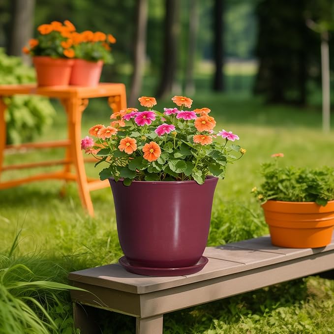 Ceramic Plant Pots - 10 Inch Plant Pot with Drainage Hole and Saucer, Round Planter for Indoor Outdoor, Modern Decorative Large Flower Pots, Home Room Garden Decor, Plants Lovers Gifts, Red SUNPOTFOR