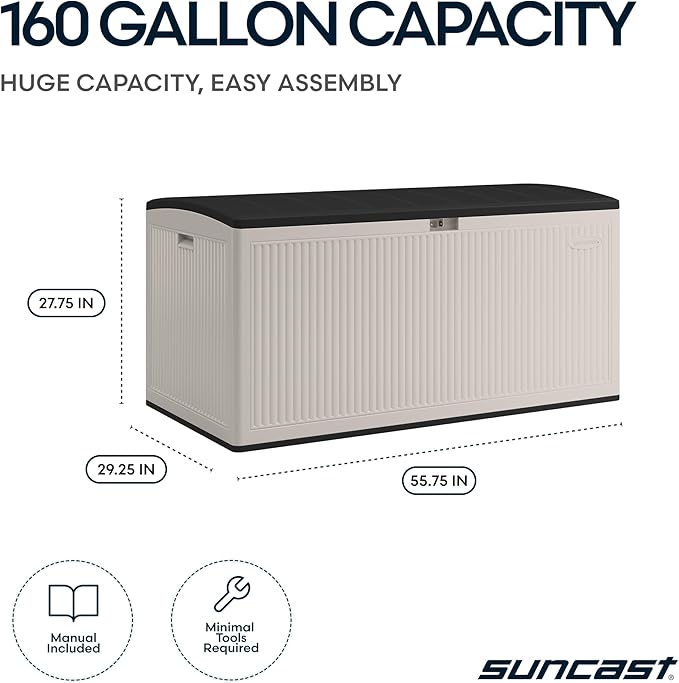 Suncast 160-Gal. Resin Extra-Large Outdoor Patio Deck Box with Pad-Lockable Lid, Modern Reeded Outdoor Patio Bench/Storage Box for Cushions, Garden Tools, and More, Iron Ore/French Gray Suncast