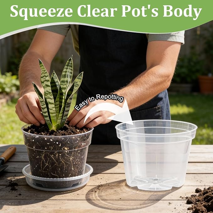 15 Pack 8/7/6 Inch Clear Nursery Pots with Saucer, Transparent Plastic Plant Pot with Drainage Hole, Sturdy Planting Starter Pots for Gardening Flower Herb Vegetable RooTrimmer