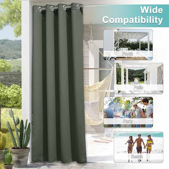 NICETOWN 2 Panels Greyish Green Outdoor Curtains for Patio Waterproof, Rustproof Grommet Blackout Indoor Outdoor Drapes Thermal Privacy Window Treatments for Pergola/Porch, W52 x L72 NICETOWN