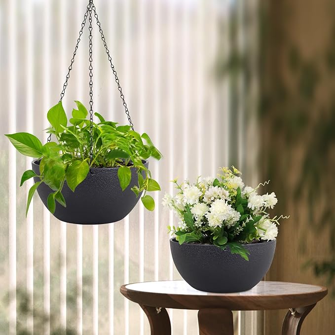 12 inch Large Hanging Planters for Indoor Outdoor Plants, 2 Pack Hanging Flower Pots with Drainage Holes and Chain for Garden Porch, Plastic Hanging Baskets for House Plants, Black Meowell