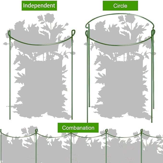 HiGift 8 Pack Plant Support Stakes, Half Round Metal Garden Plant Stake Indoor Peony Cages and Supports, Green Plant Support Ring Border for Tomato,Hydrangea,Flower Outdoor (10" Wide x 15.8" High) HiGift