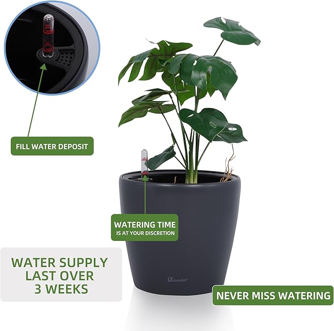 Dexceder 9x8 Inches Self Watering Planter Indoor Outdoor, Inner Pot Design, Thickened Table Flower Plant Pot with Water Level Indicator (Slate Gray Matte) Dexceder