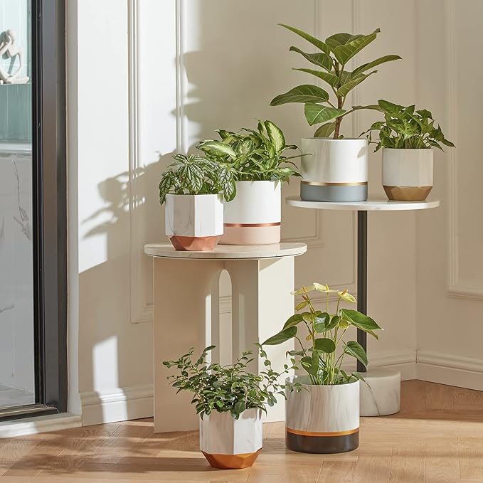 LA JOLIE MUSE White Ceramic Flower Pots - 6.7 + 5.4 Inch Indoor Planters, Plant Containers in a Marble Ink Pattern with Rose Gold and Pink Detailing LaJol%C3%ADeMuse