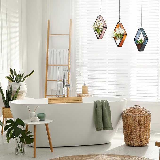 Yaomiao 3 Pcs Stained Glass Hanging Plant Terrariums Hanging Glass Planter Small Geometric Terrarium Air Plant Terrarium with Chain for Succulent Moss Holders Garden Wall Windowsill (Vivid Color) Yaomiao