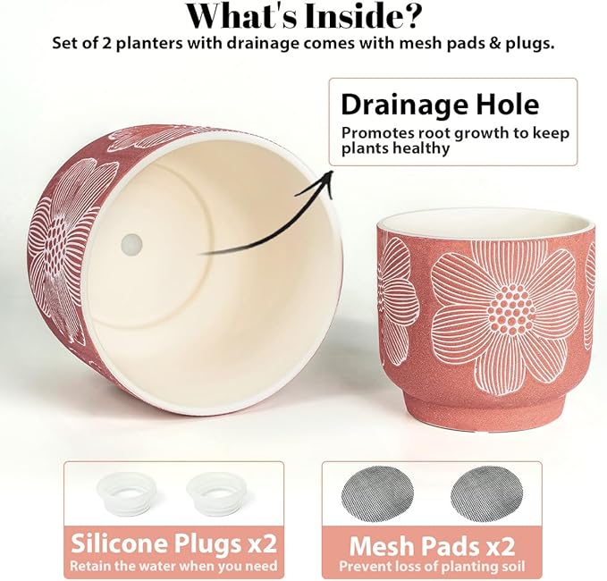 YBX 8 Inch + 6 Inch White Flower Pattern Plant Pots, Sand Glazed Ceramic Planter with Drainage Hole, Flower Pots for Indoor Plants, Red YBXYIBOXUAN