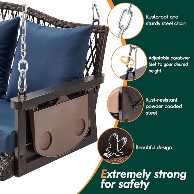Upgraded Wicker Hanging Porch Swing Heavy Duty 900 LBS 3-Seat Outdoor Patio Swing Chair Bench for Adult w/ 8.9ft Hanging Chains Cushions and Cup Holder zzw