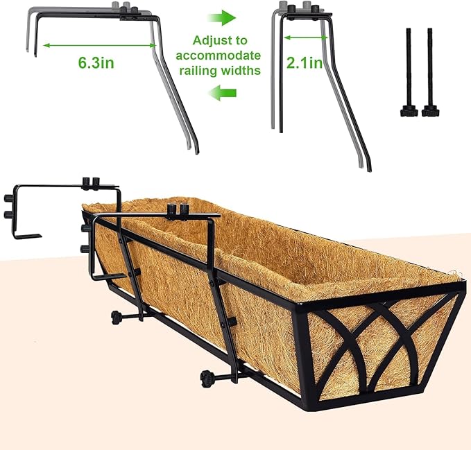 HFHOME 24 inch Window Deck Rail Planter Including Coco Liner, 24" Dia Window Box Horse Trough with Coconut Coir Liners, Black Metal Hanging Flower Planter Basket for Indoor Outdoor Lawn - Set of 2 HFHOME
