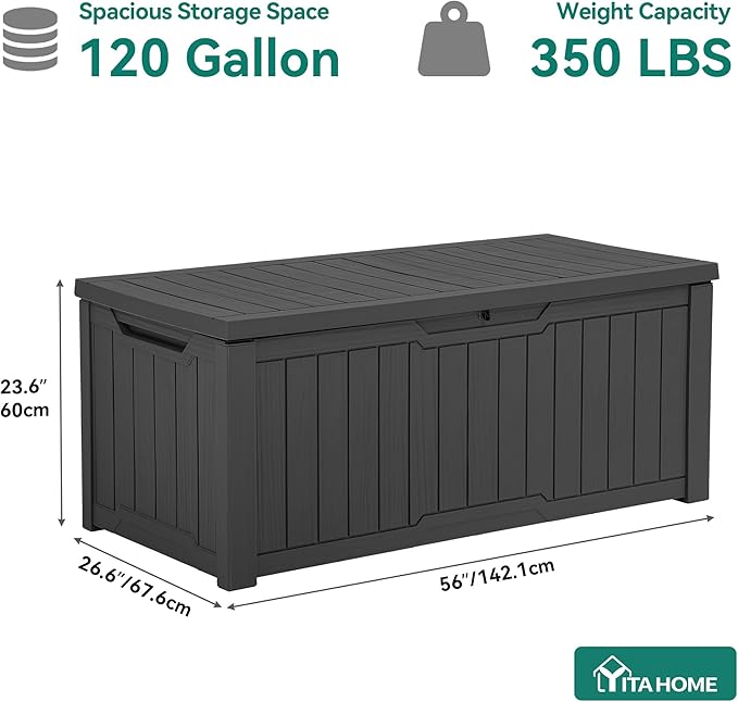 YITAHOME 120 Gallon Outdoor Storage Deck Box, Large Resin Patio Storage for Outdoor Pillows, Garden Tools and Pool Supplies, Waterproof, Lockable, (Dark Grey) YITAHOME