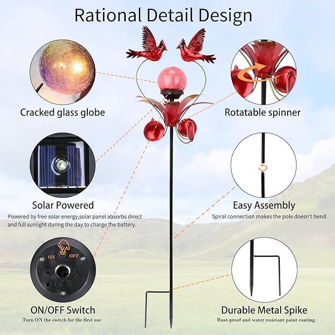 VCUTEKA Cardinal Solar Lights Outdoor Metal Garden Stake Waterproof Crackle Glass Globe Garden Decor Cardinal for Pathway, Lawn, Patio, Yard VCUTEKA