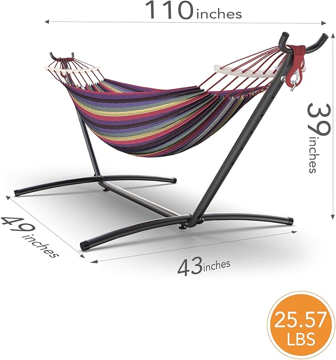 Double Hammock with Heavy-Duty Steel Stand,Portable,Easy Assembly,600lbs Weight Capacity,Perfect for Indoor,Yard,Camping,or Outdoor-Rainbow Rootora