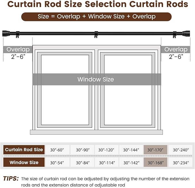 1” Diameter Curtain Rods Itself is 30 to 170 inch 1 Pack Fit 30-168 inch Window with Heavy Duty Adjustable Rod Matte Black Splicing Metal Extra Long Curtain Rod for Windows Rootora