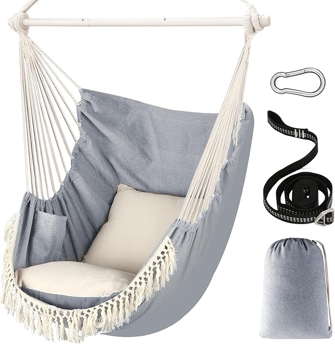 Chihee Hammock Chair Hanging Swing Max 500 Lbs 2 Cushions Included Metal Spreader Bar with Anti-Slip Grooves Portable Hanging Chair Side Pocket Large Macrame Bohemian Chair Indoor Outdoor Chihee